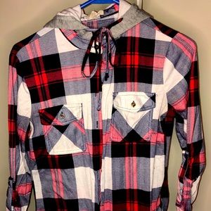 Red and Blue Plaid Button Up Shirt with Hood